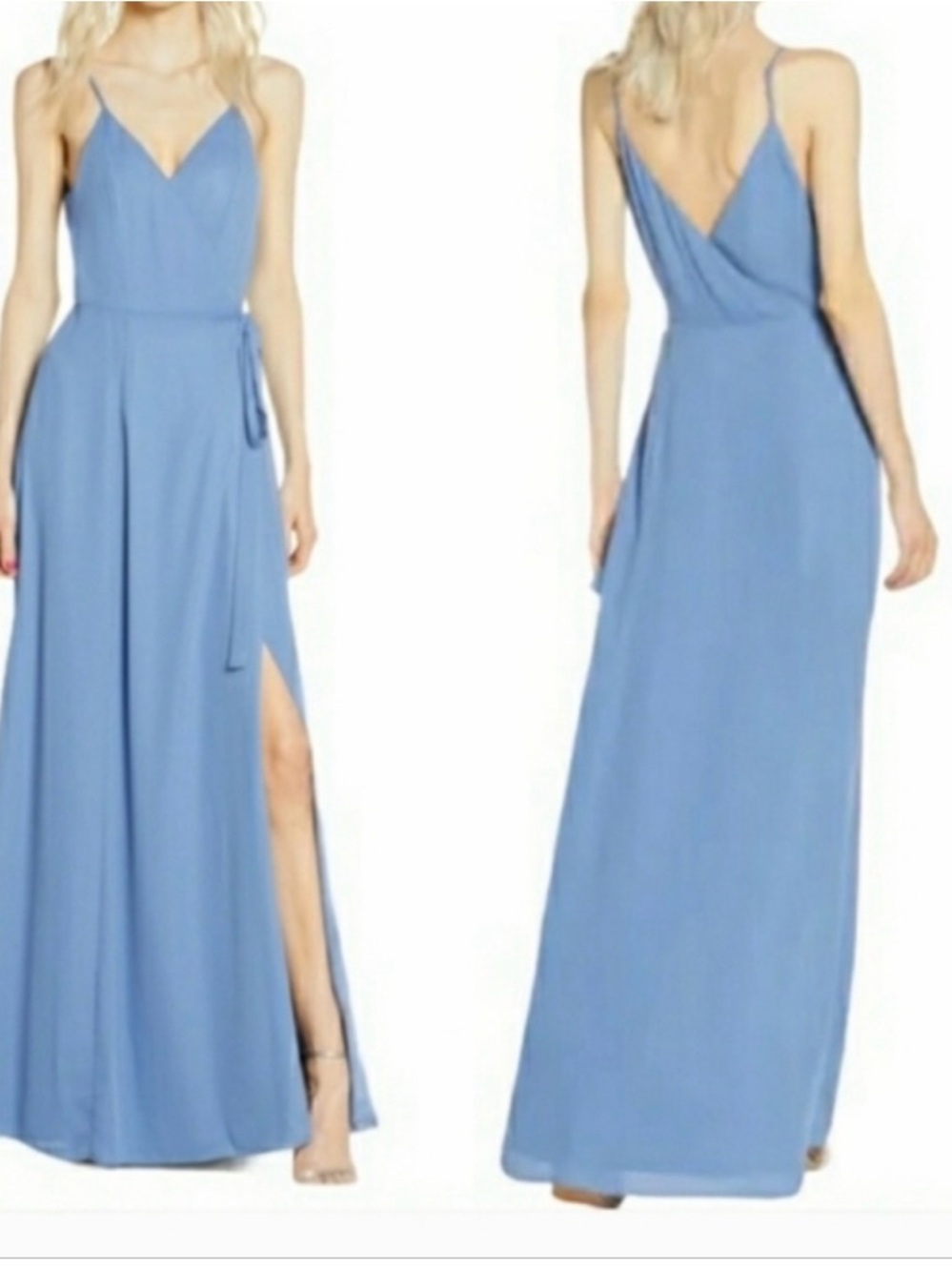 WAYF blue maxi dress with slit and tie waist. New with Tags Size M